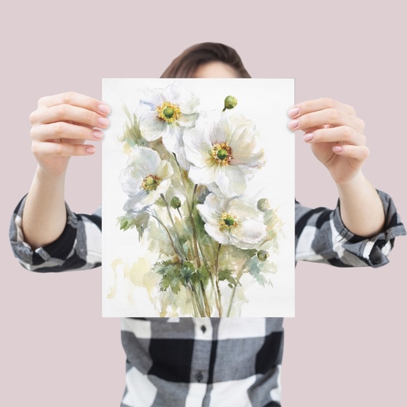 Watercolor White Anemone Flowers Wall Art Illustration Print Poster Unframed - Picture 3 of 9
